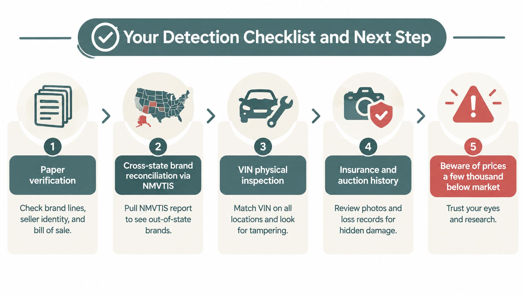 A five-step checklist illustrating the process of detecting car title washing and vehicle fraud through careful research.