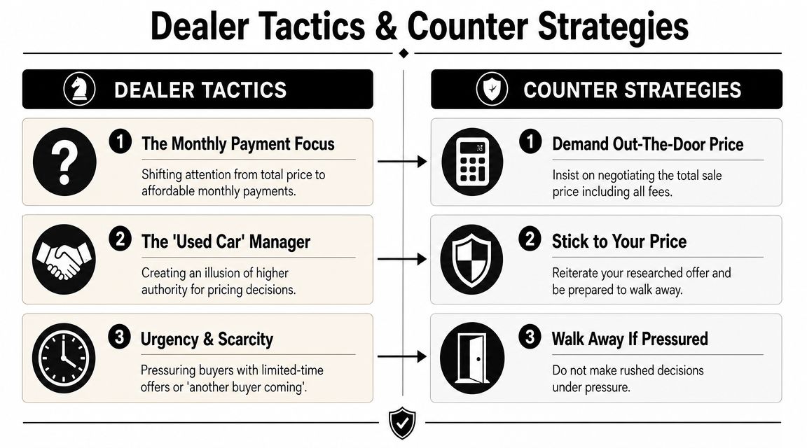 A comparison chart outlining common car dealer sales tactics and effective counter strategies for car buyers.