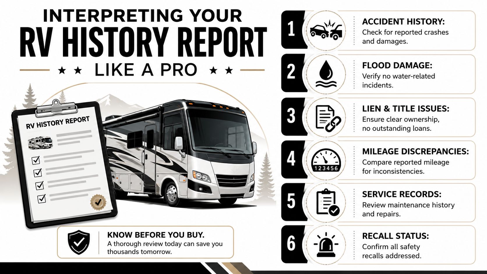 An infographic showing six key steps for interpreting an RV history report before purchasing a vehicle.