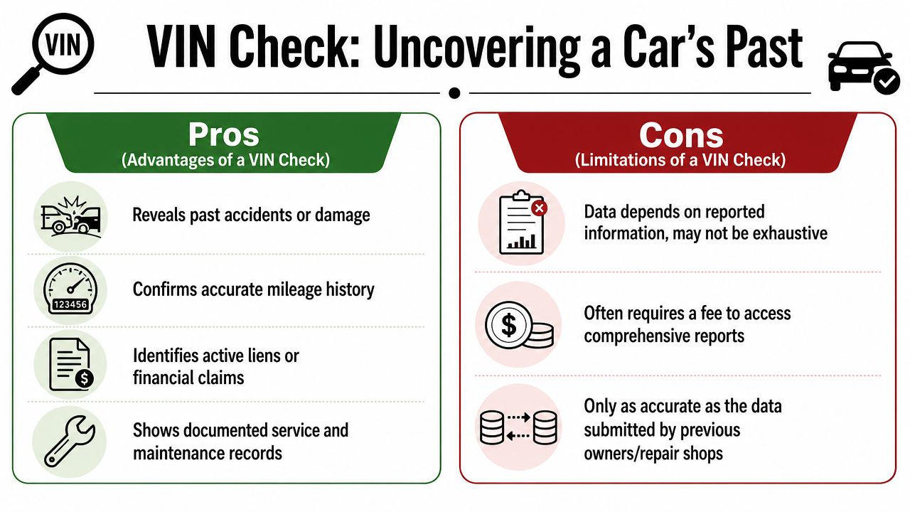 An infographic showing the pros and cons of performing a VIN check on a used car.
