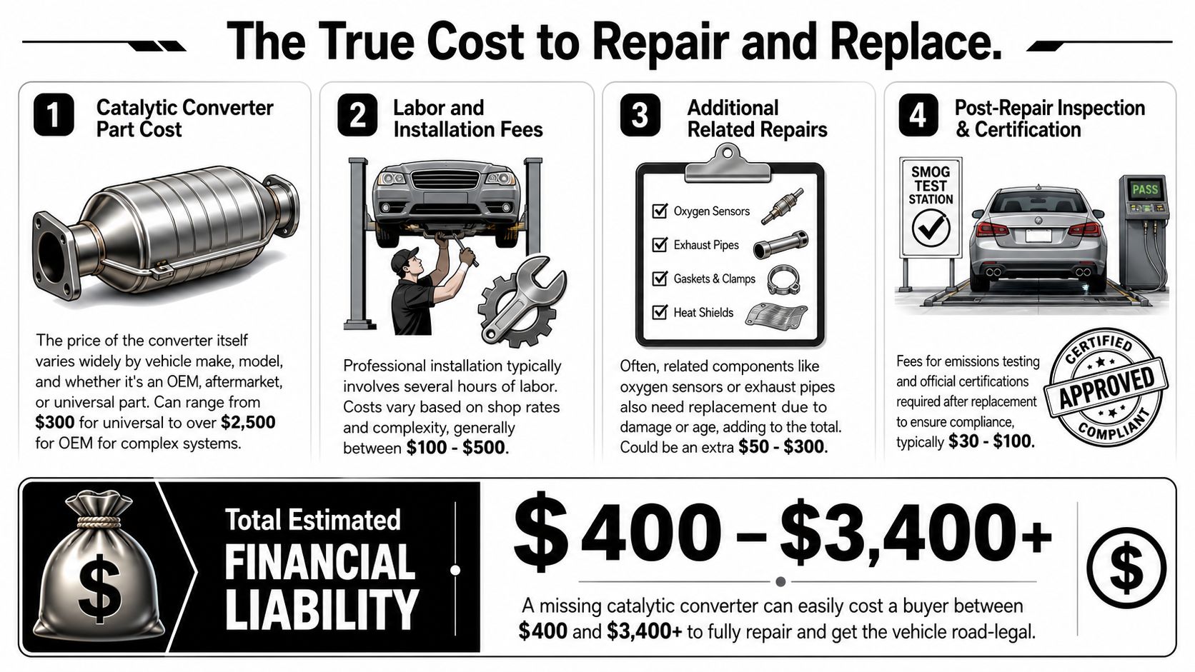 An infographic detailing the four main components contributing to the total repair cost of a missing catalytic converter.