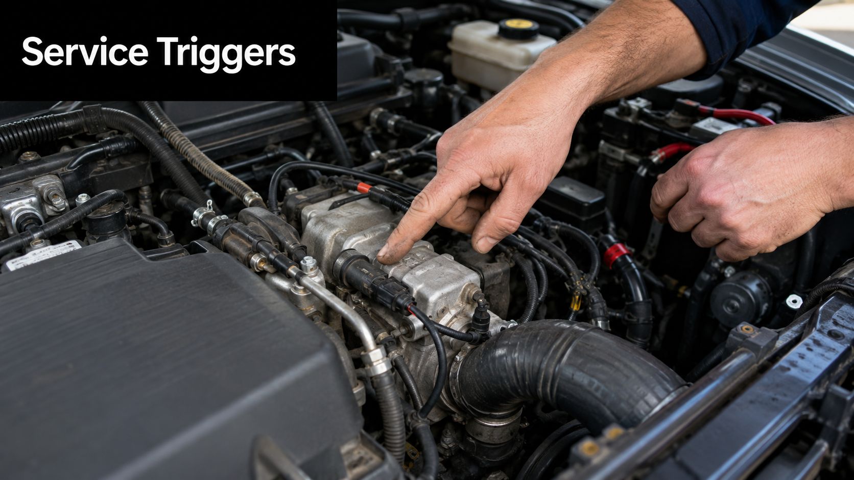A car mechanic pointing at the engine block of an open vehicle to diagnose service needs.