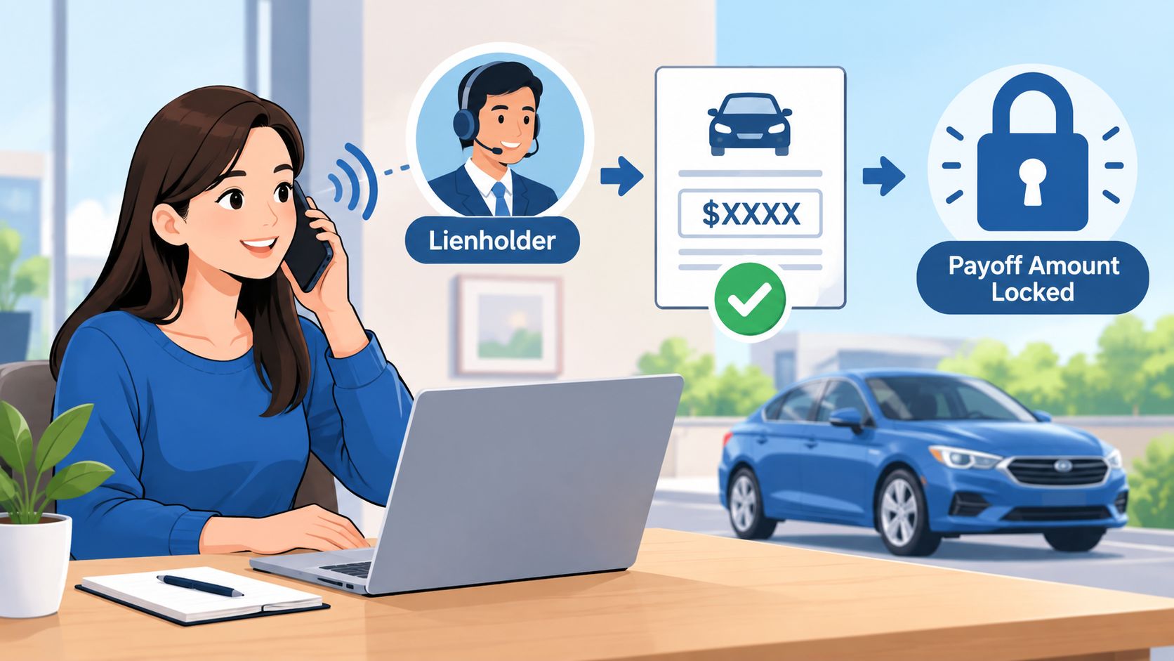 A woman talking on a phone to a lienholder to lock in a vehicle payoff amount.