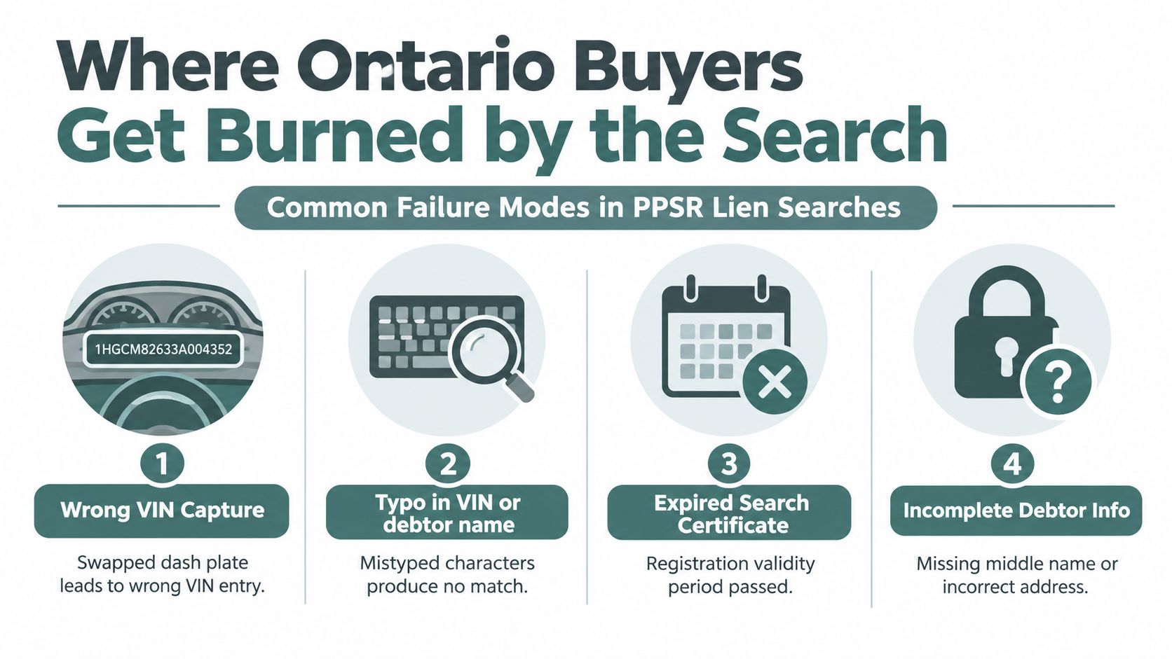 An infographic detailing four common failure modes for PPSA lien searches conducted by car buyers in Ontario.