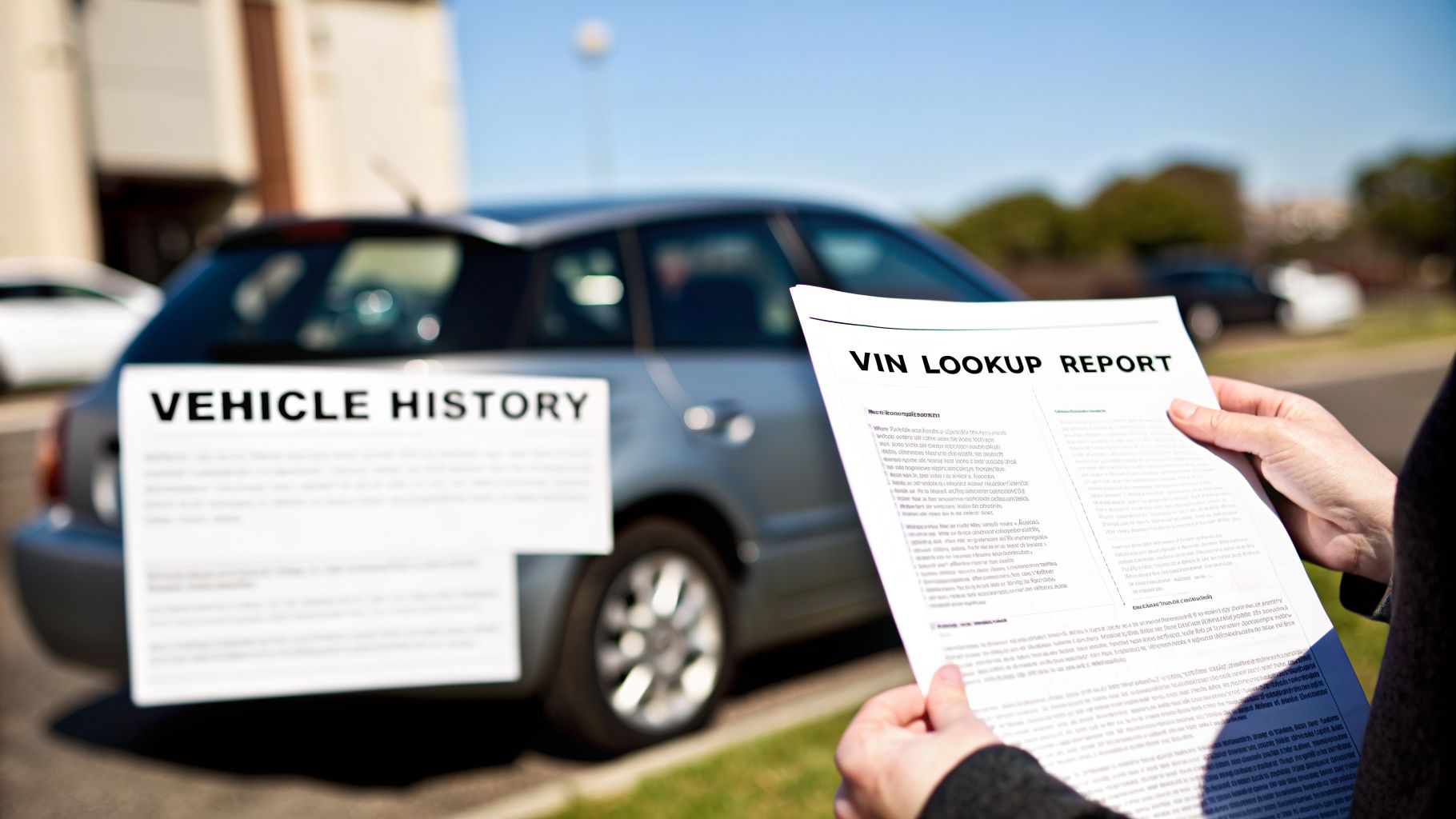 A person holding a VIN lookup report with a car and a vehicle history document in the background.