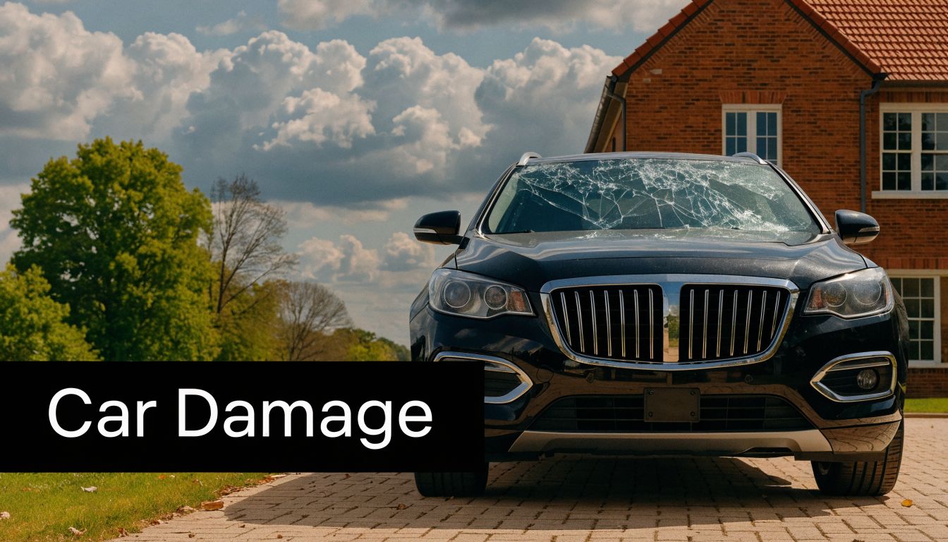 A black SUV parked on a paved driveway with a severely shattered and cracked front windshield.