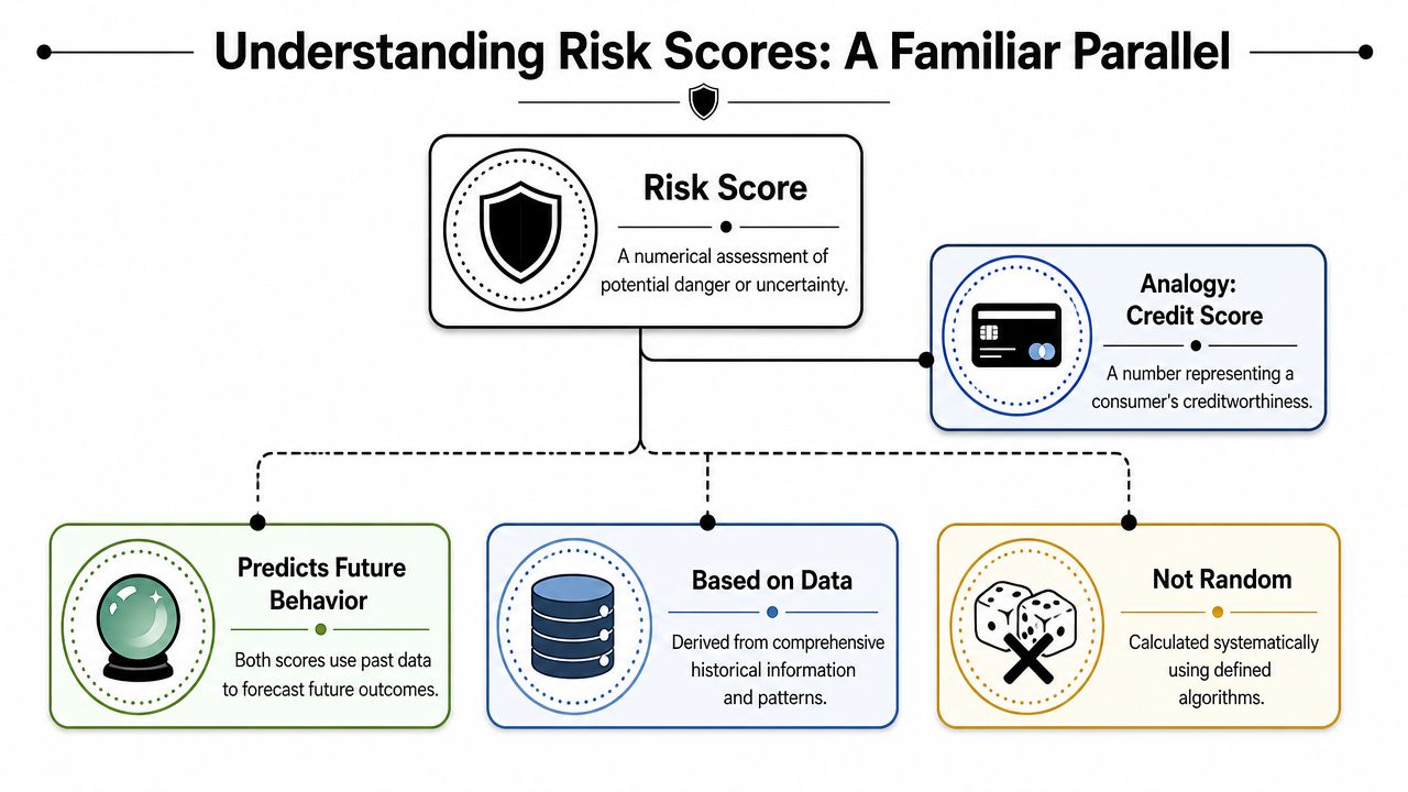 A diagram explaining risk scores using the credit score as a relatable and familiar comparison.