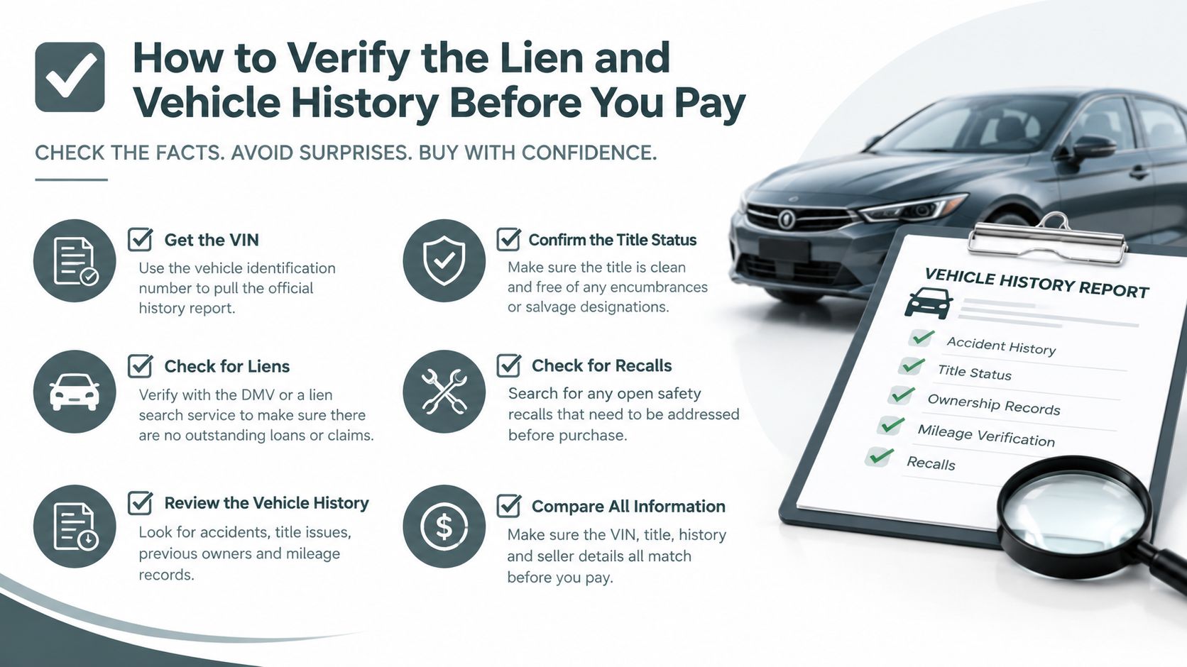 A guide infographic explaining steps to verify a vehicle's lien and history before buying a car.