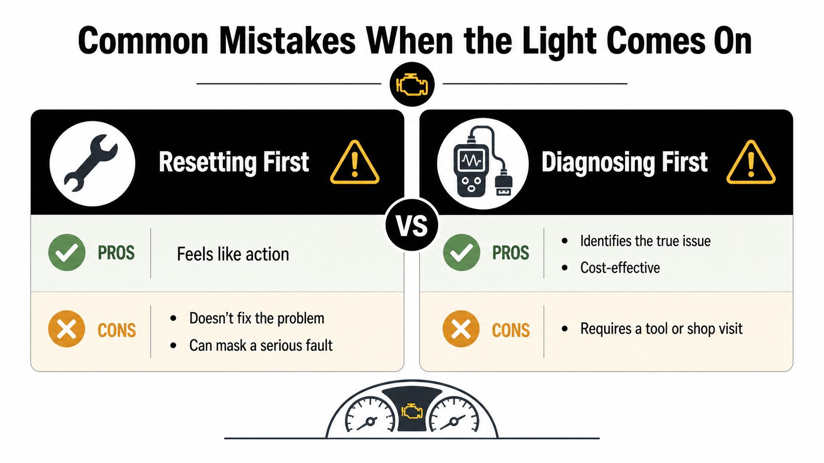 A comparison infographic showing the pros and cons of resetting versus diagnosing a check engine light.