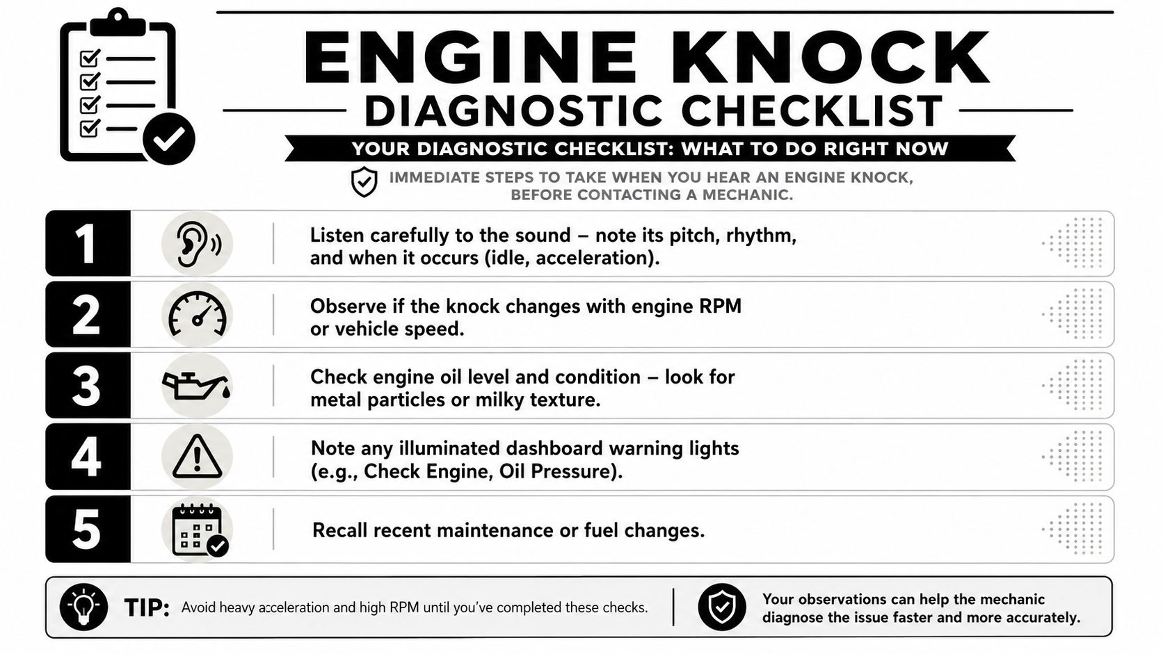 A diagnostic checklist infographic for identifying and documenting engine knock symptoms before visiting a mechanic.