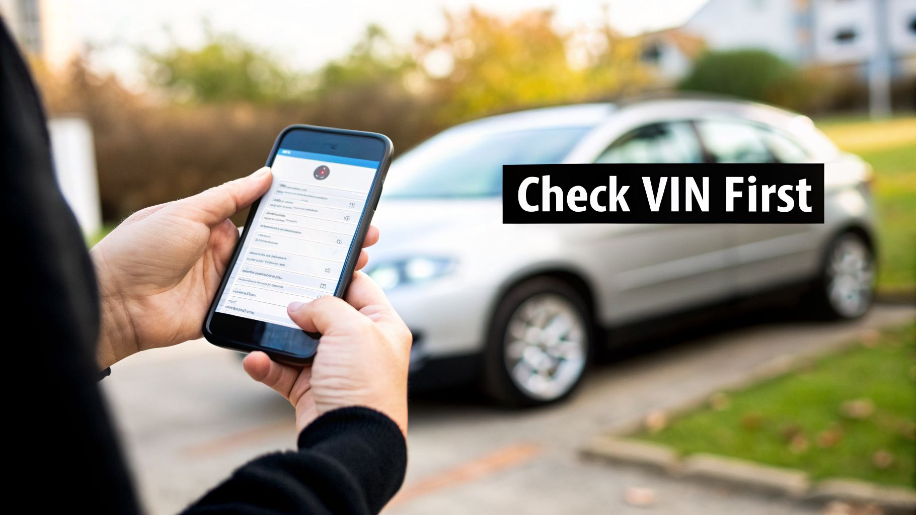 A person uses a smartphone to check vehicle information, with a silver car and text 'Check VIN First' in the background.