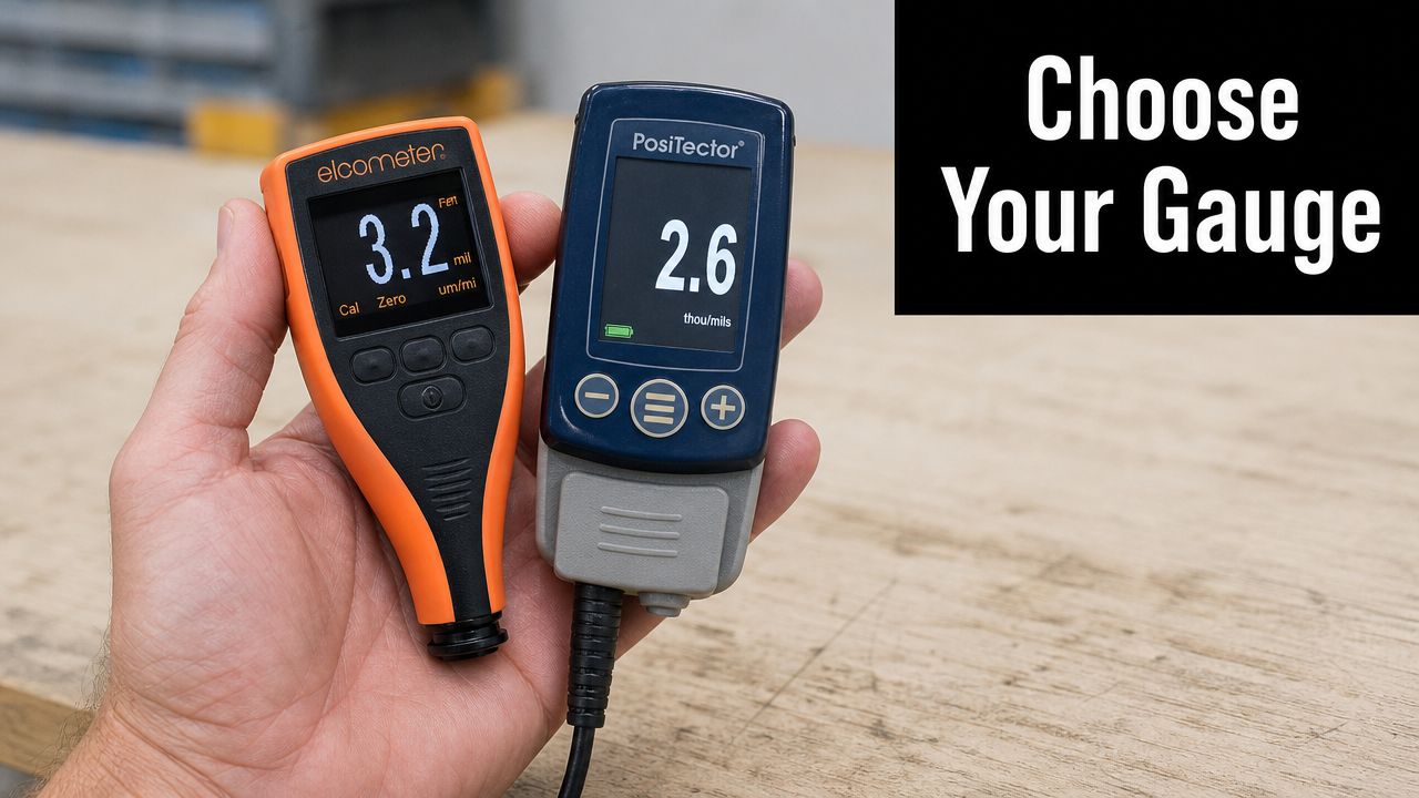 A hand holding an orange Elcometer and a blue PosiTector device for testing paint thickness.