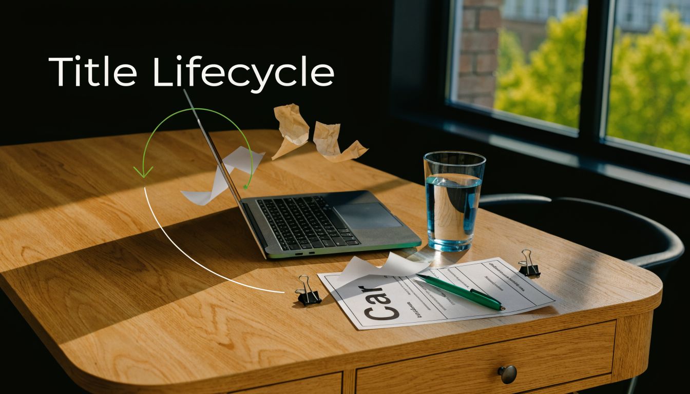 A modern workspace with a laptop, documents, and a glass of water, highlighting a title lifecycle concept.