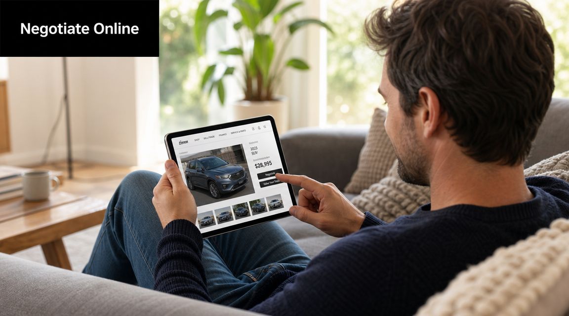 A man sitting on a sofa while negotiating a car purchase price using a digital tablet.