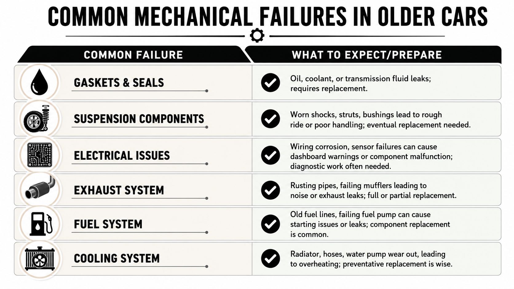 A chart illustrating six common mechanical failures in older cars, including their descriptions and necessary repairs.