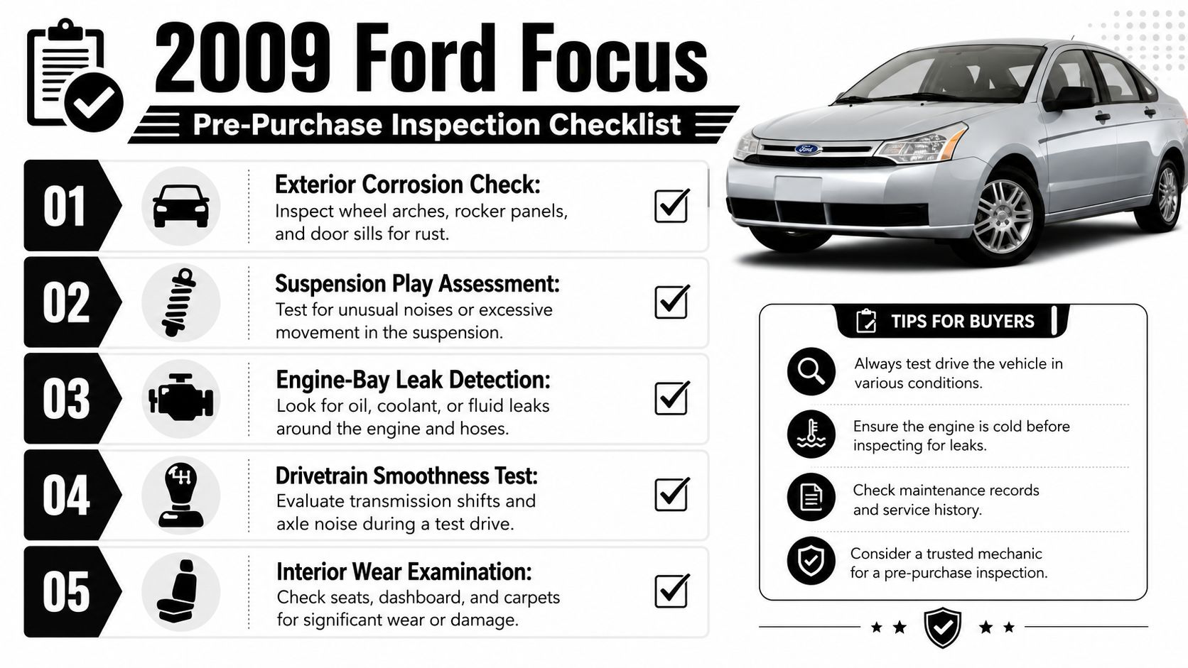 A pre-purchase inspection checklist for a 2009 Ford Focus with five key maintenance and condition checks.
