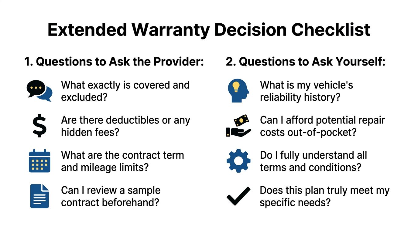 An informative infographic titled Extended Warranty Decision Checklist outlining questions for providers and vehicle owners.