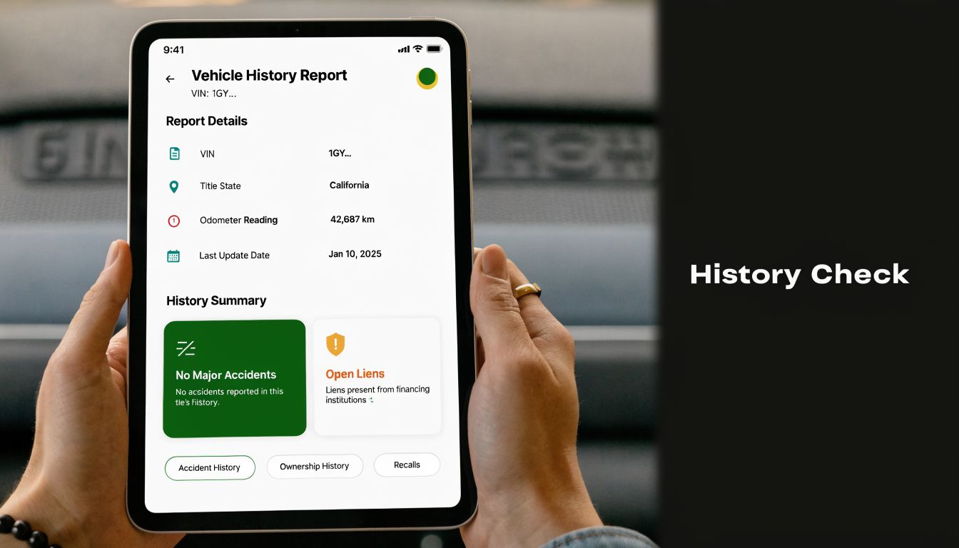A person holding a tablet displaying a vehicle history report with accident and lien information.