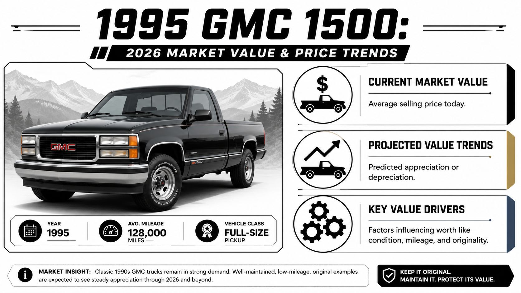 An infographic showing 1995 GMC 1500 truck market value trends with vehicle specs and market insights.