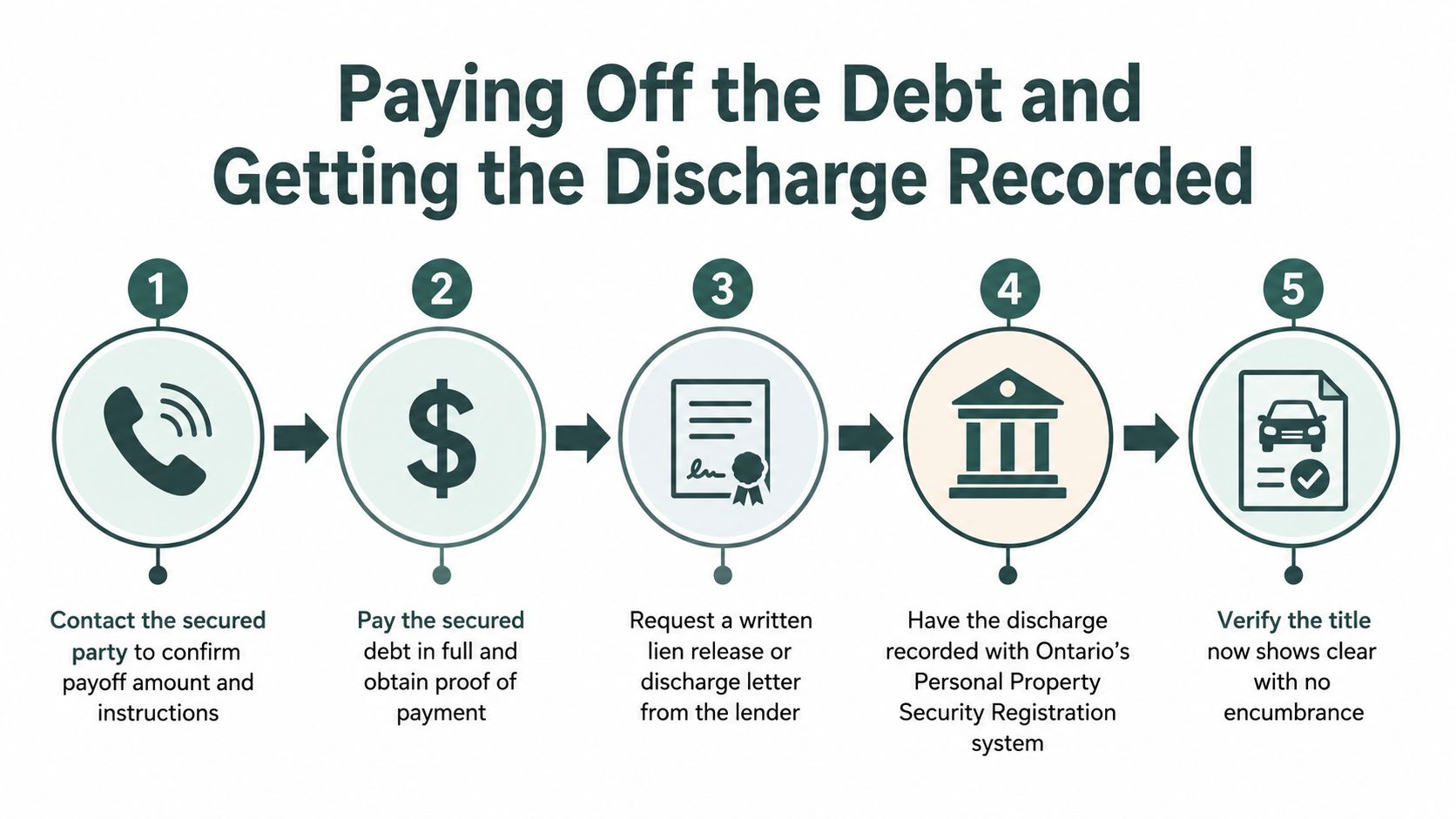 A five-step infographic showing the process to pay off a car debt and remove a lien in Ontario.