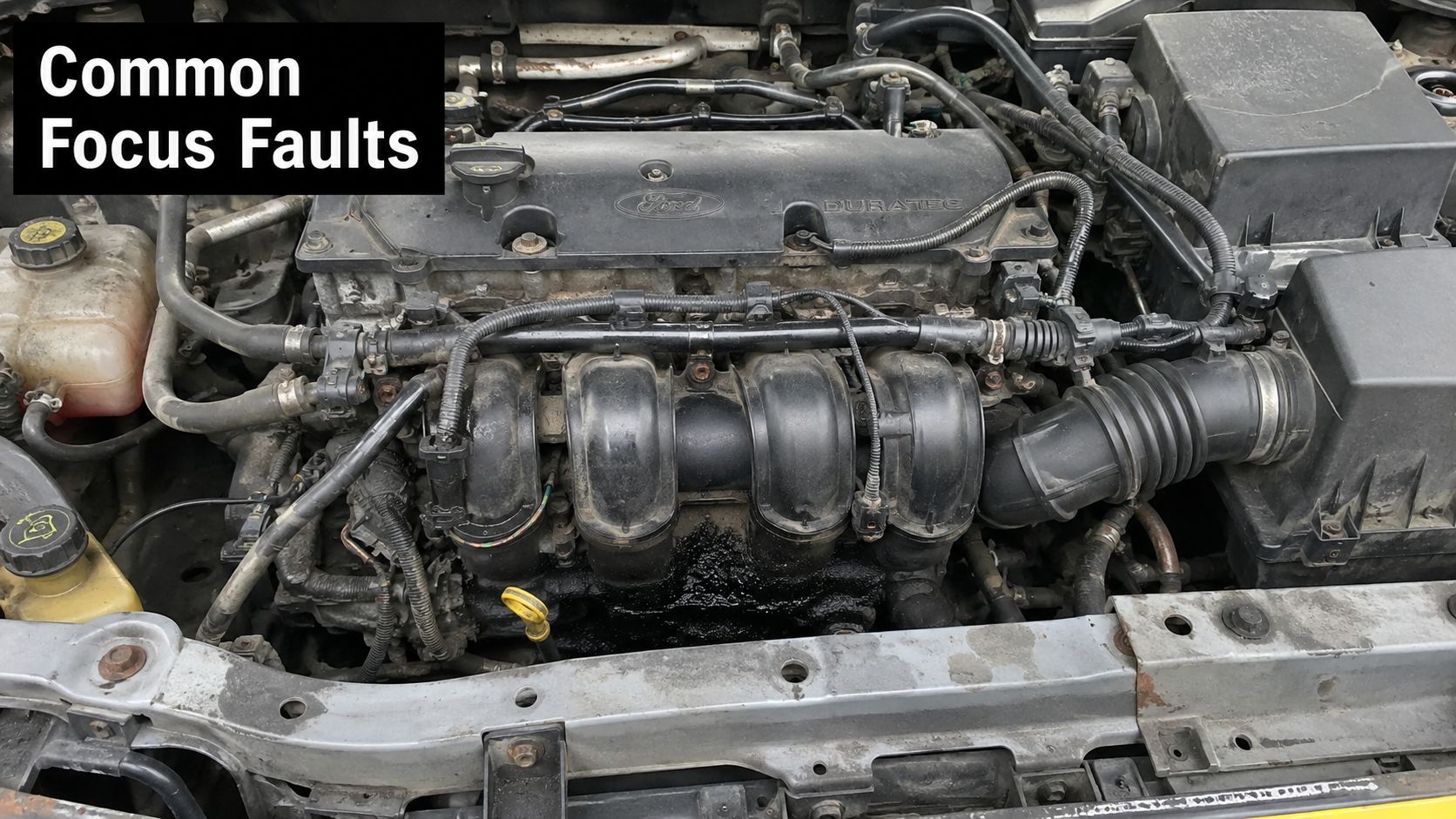 An overhead view of a dirty Ford Duratec car engine bay with prominent dark oil residue stains.