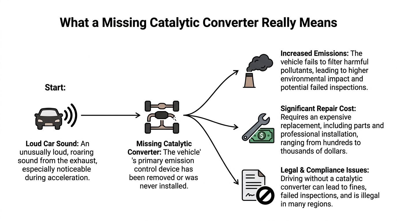 A flowchart explaining the consequences of a missing catalytic converter in a car, including emissions, costs, and legality.