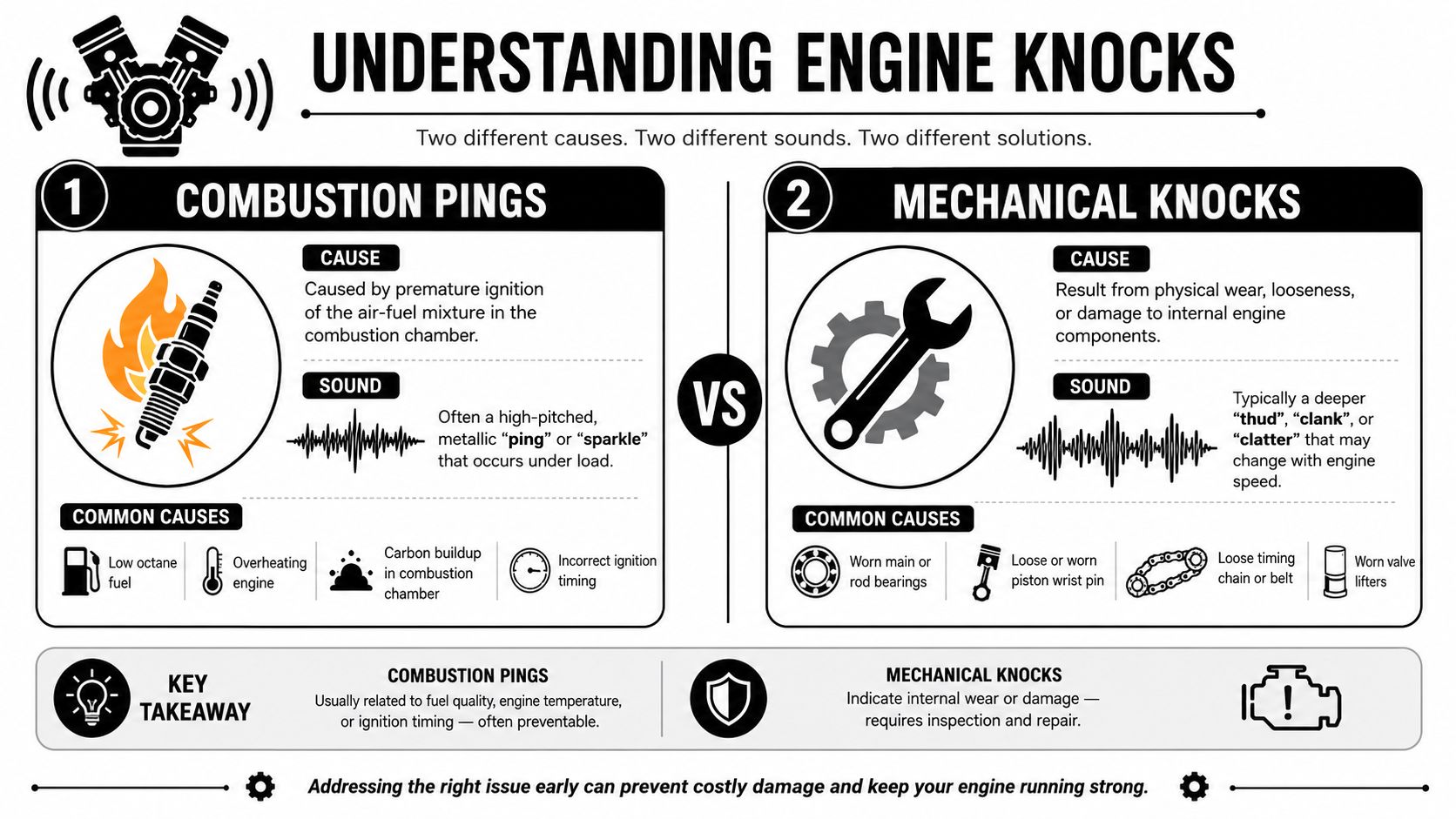 An infographic titled Understanding Engine Knocks comparing combustion pings and mechanical knocks with their causes and characteristics.