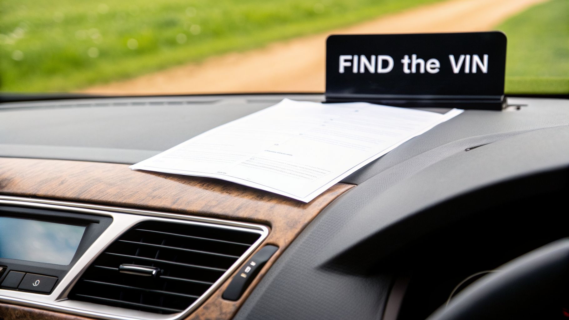 Car dashboard with a paper document and a sign saying 'FIND the VIN' on it.