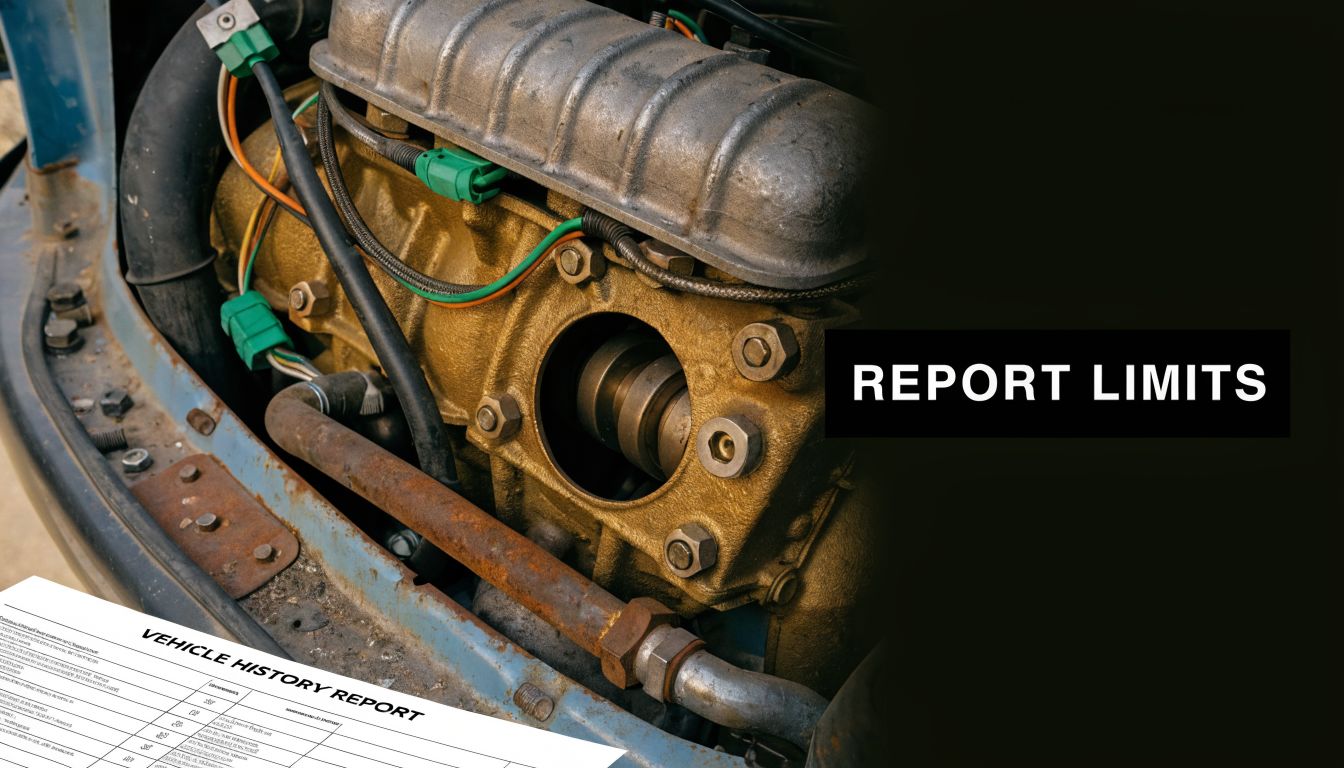 A close-up of a rustic car engine alongside a partial vehicle history report document.