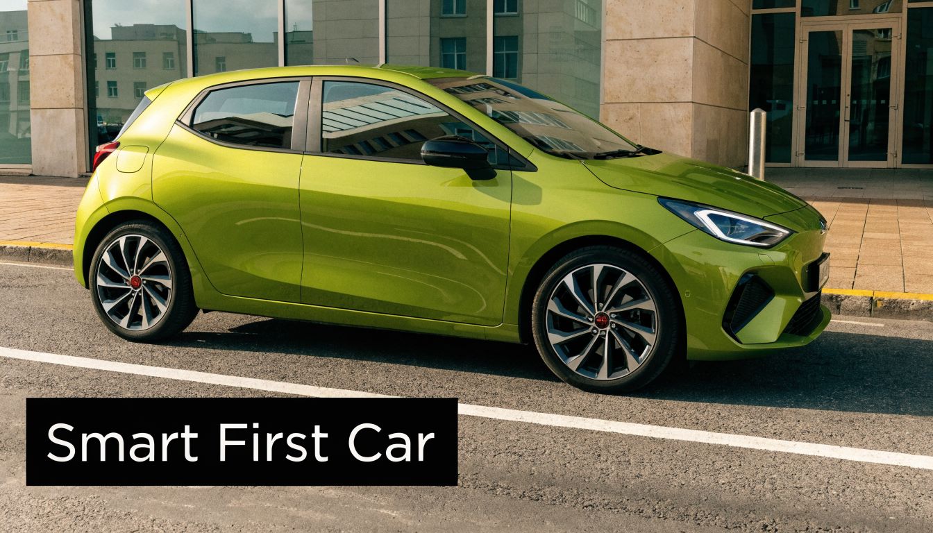 A modern lime green compact car parked on the street, representing an ideal choice for beginner drivers.