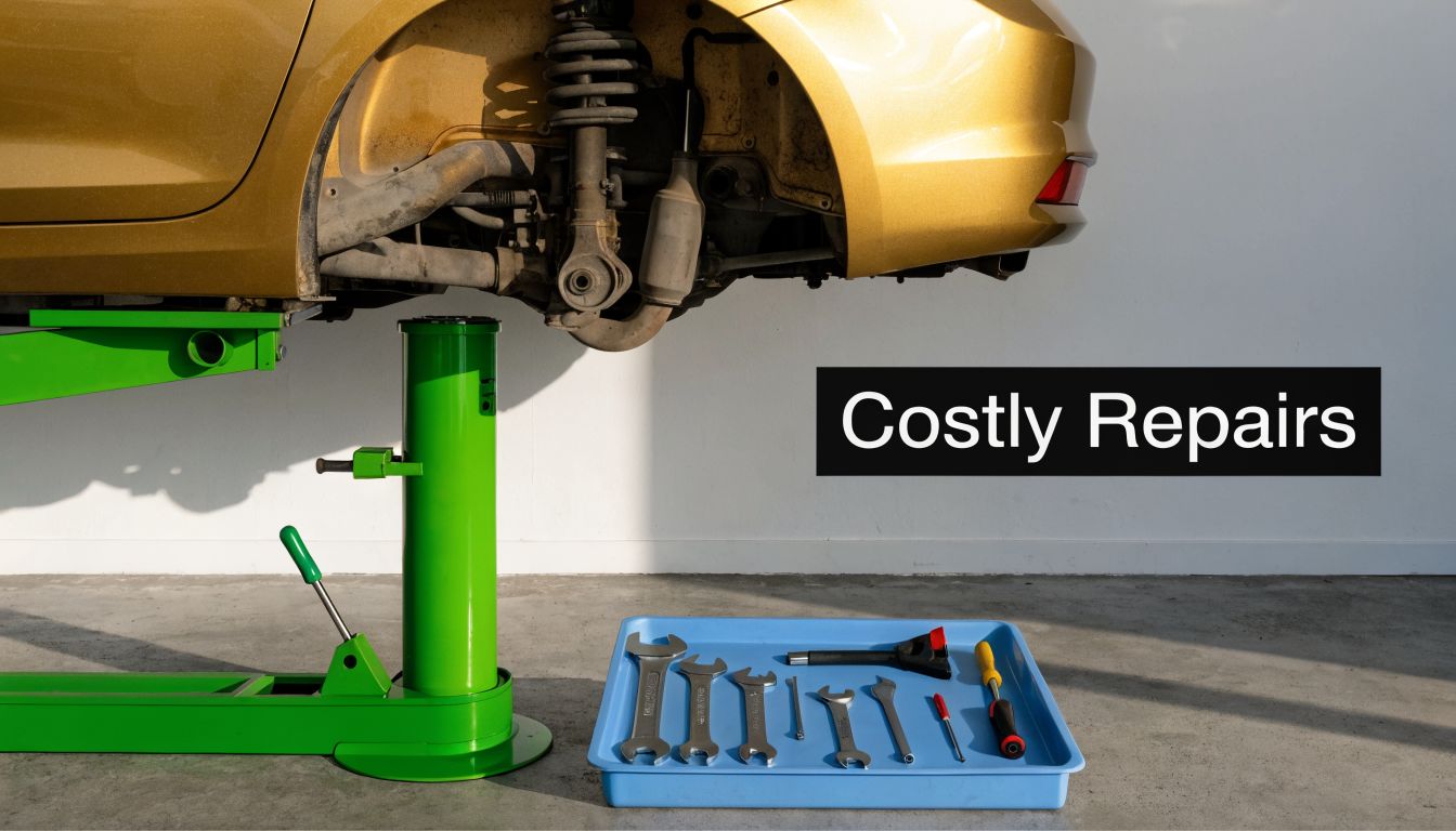 A golden car raised on a green lift in a garage with tools for repair nearby.