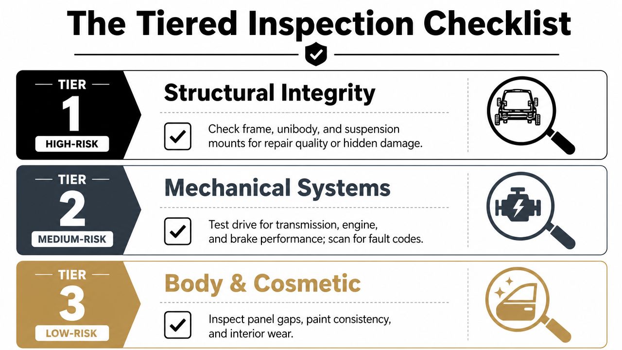 A tiered car inspection checklist showing structural, mechanical, and cosmetic evaluation steps for potential vehicle buyers.