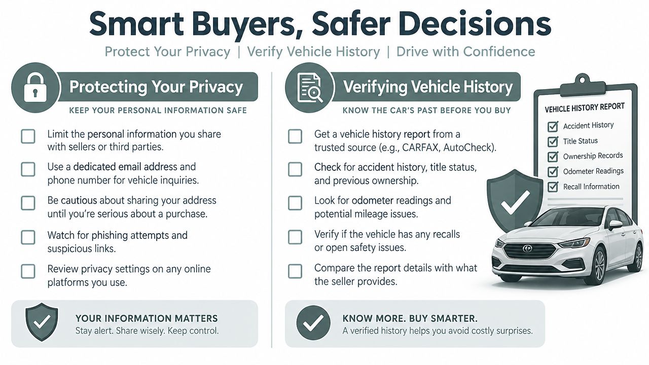 An infographic titled Smart Buyers, Safer Decisions, offering tips on protecting privacy and verifying vehicle history.