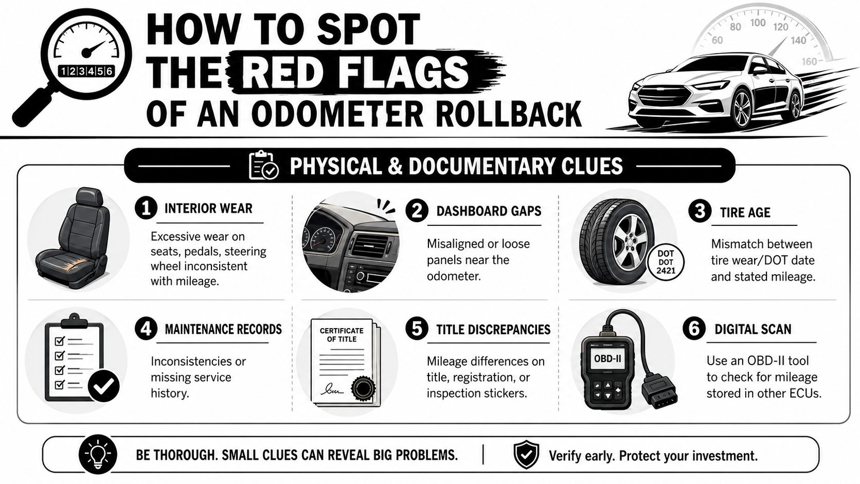An infographic illustrating six physical and documentary red flags used to detect potential odometer rollback fraud in cars.