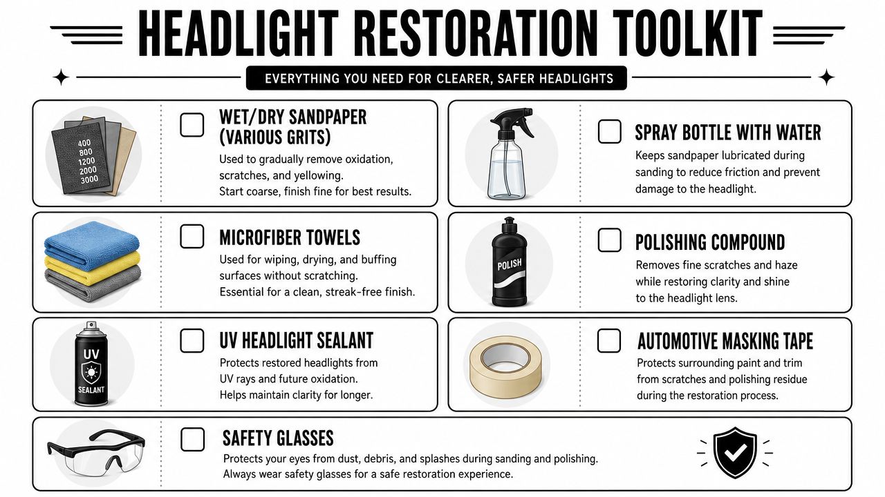 A comprehensive infographic listing essential tools needed for performing a DIY headlight restoration project on vehicles.