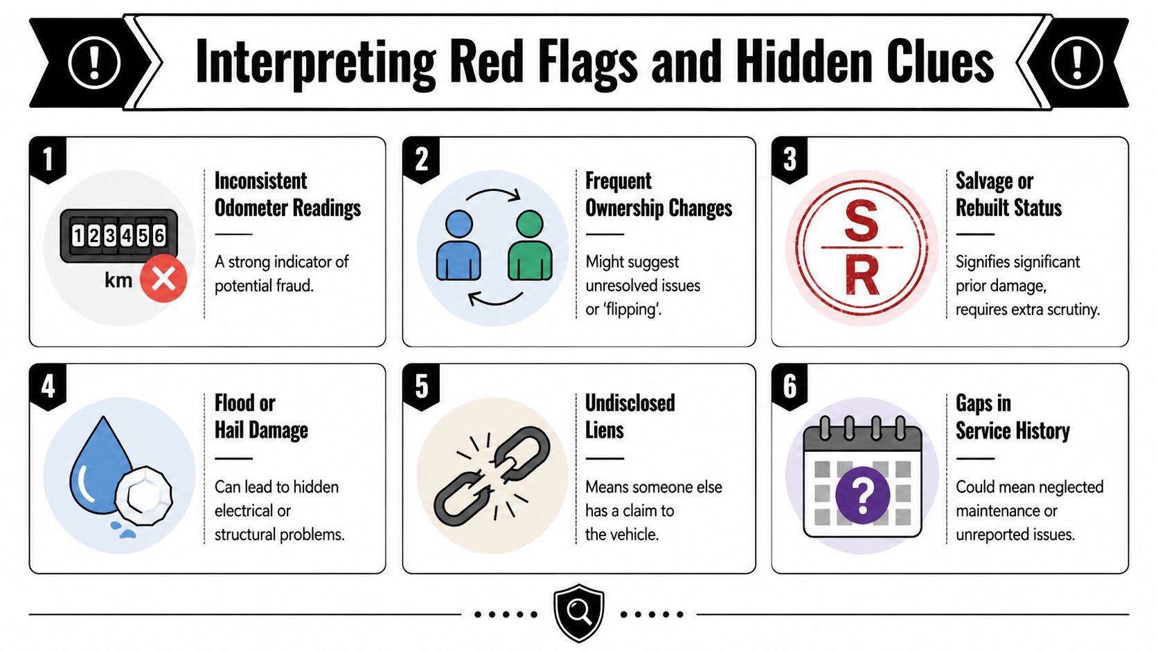 An infographic detailing six common red flags in vehicle history reports for used car buyers.