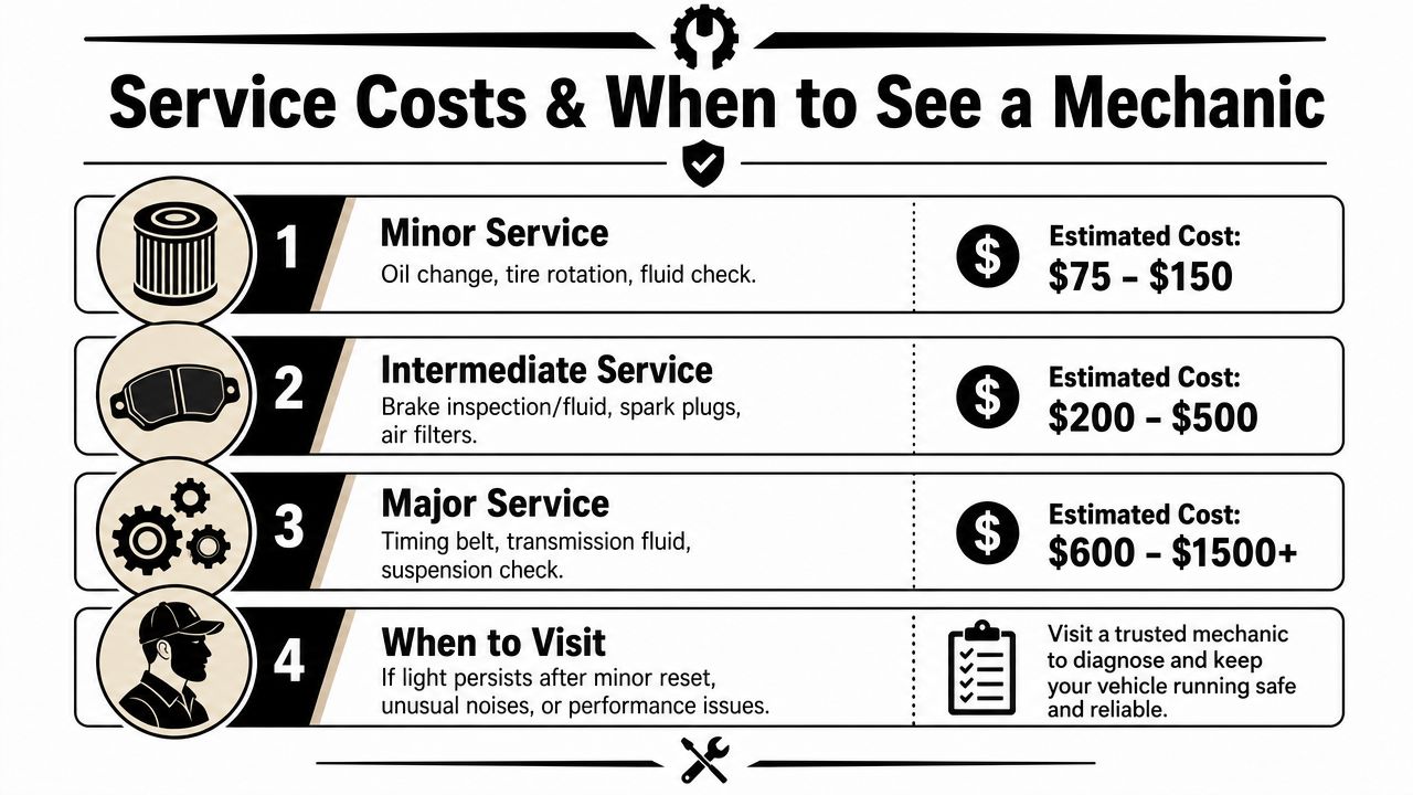 A chart detailing the estimated costs for minor, intermediate, and major car services along with mechanical advice.