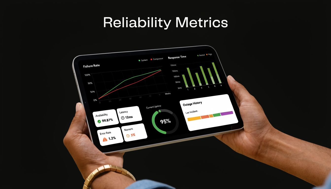 A person holds a tablet displaying a professional digital dashboard showing reliability metrics and system performance data.
