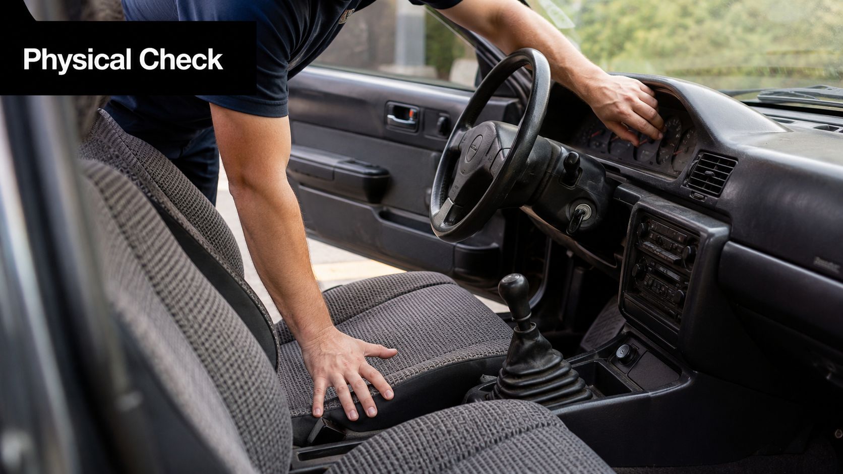 A professional inspecting the interior, seat, and dashboard of a used car during a pre-purchase assessment.