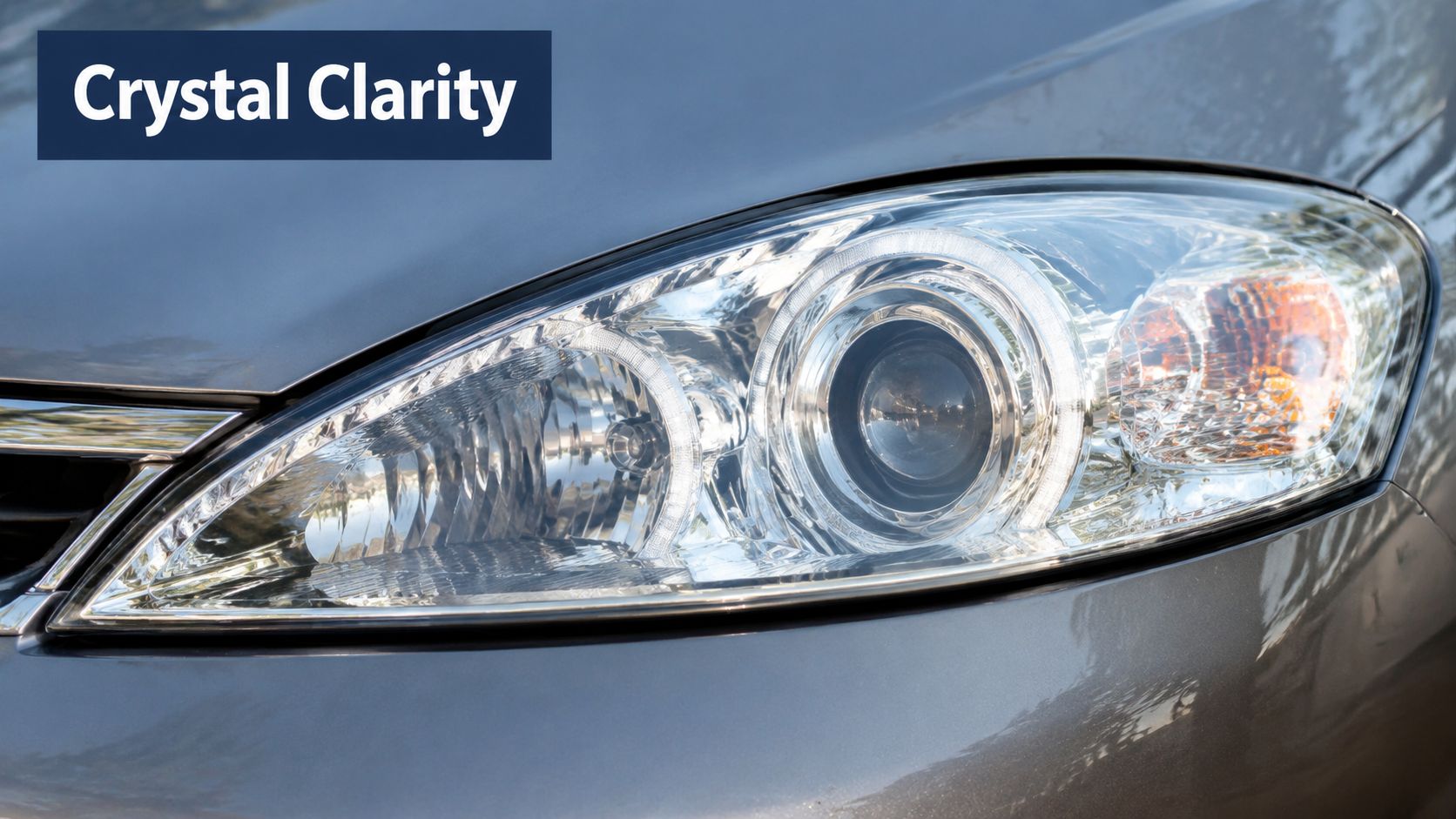 A close-up view of a clean, polished car headlight showing its crystal clear lens and internal components.