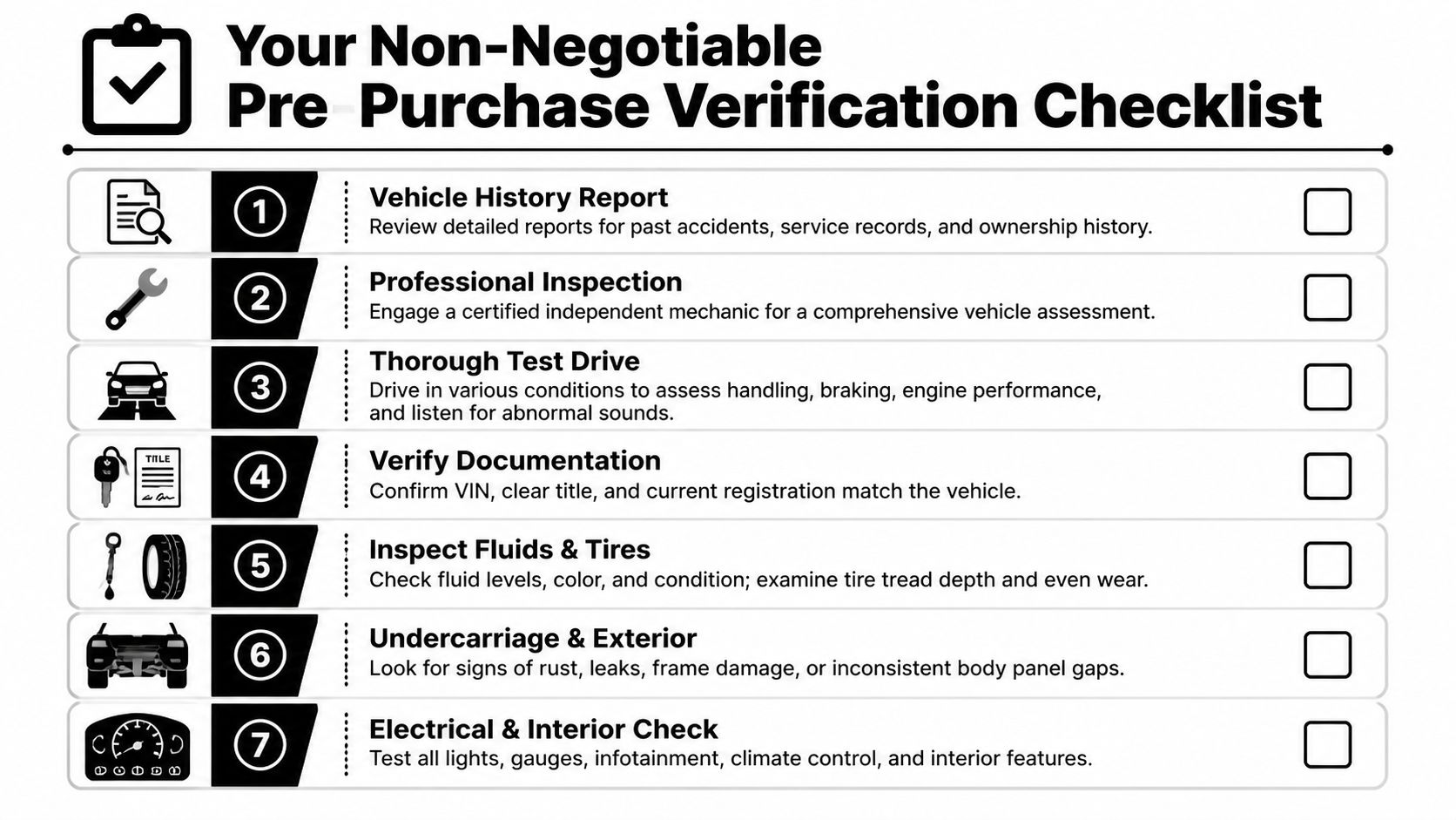 A checklist for used car buyers to ensure a thorough pre-purchase verification process before buying.