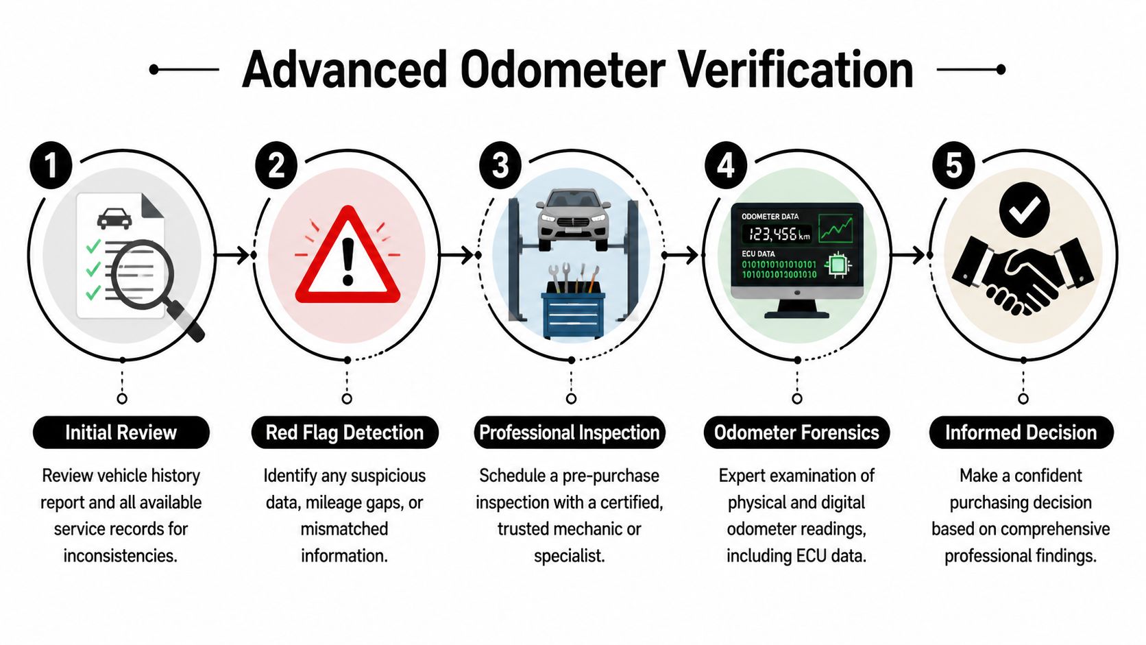 A five-step infographic showing the process for performing an advanced odometer verification for a used vehicle.
