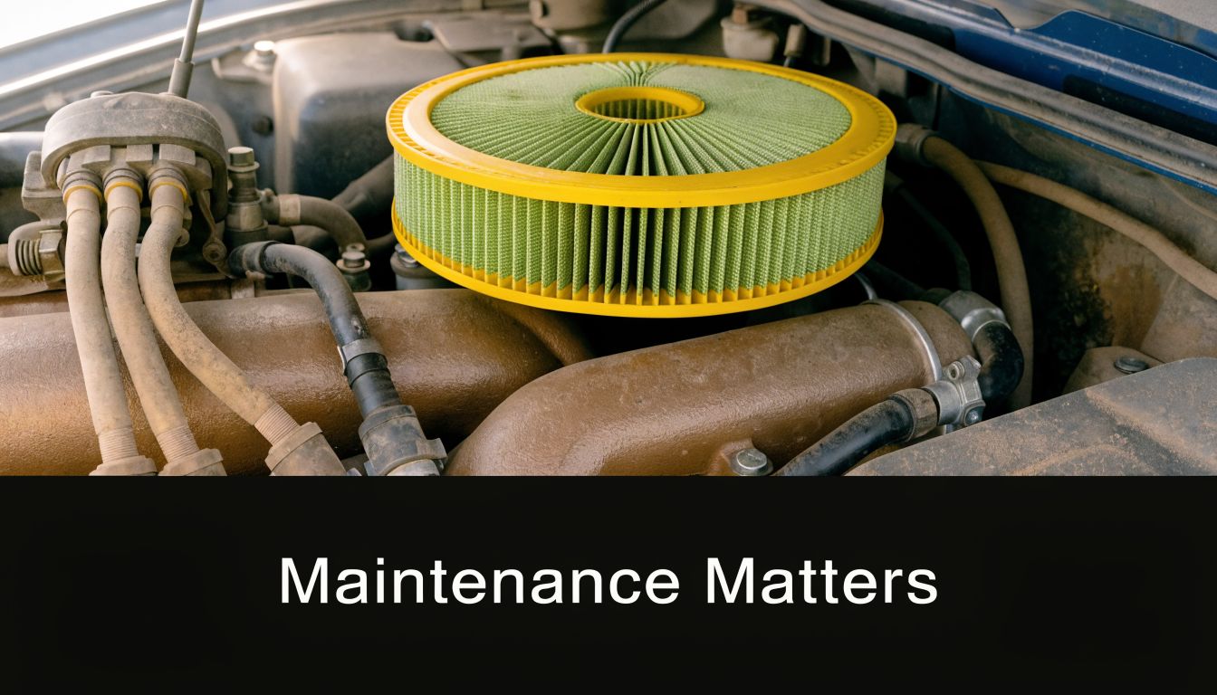 A clean, yellow circular air filter sitting on top of a dusty, used car engine bay.