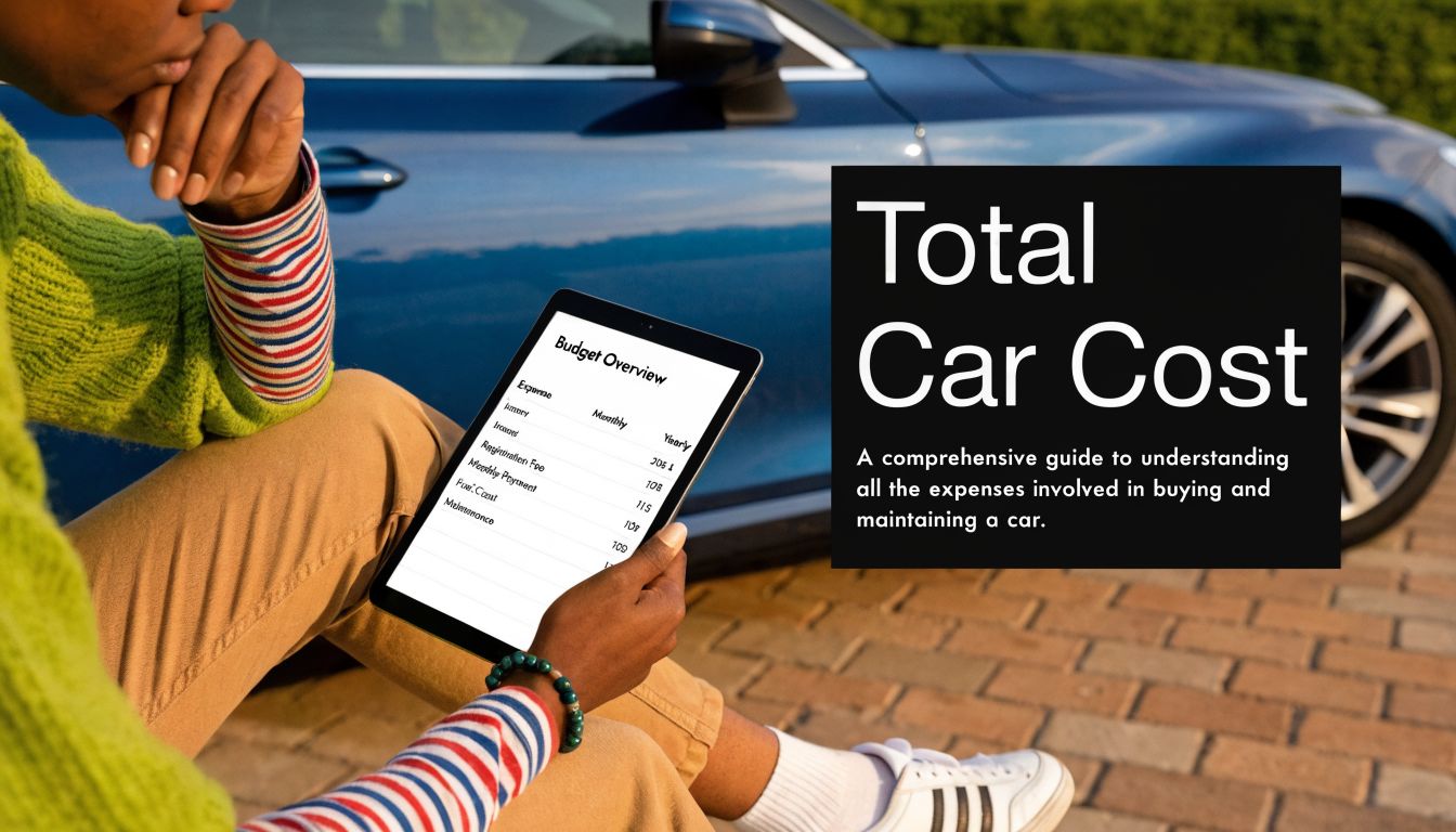 A person sitting by a blue car viewing a digital budget overview of car expenses on a tablet.