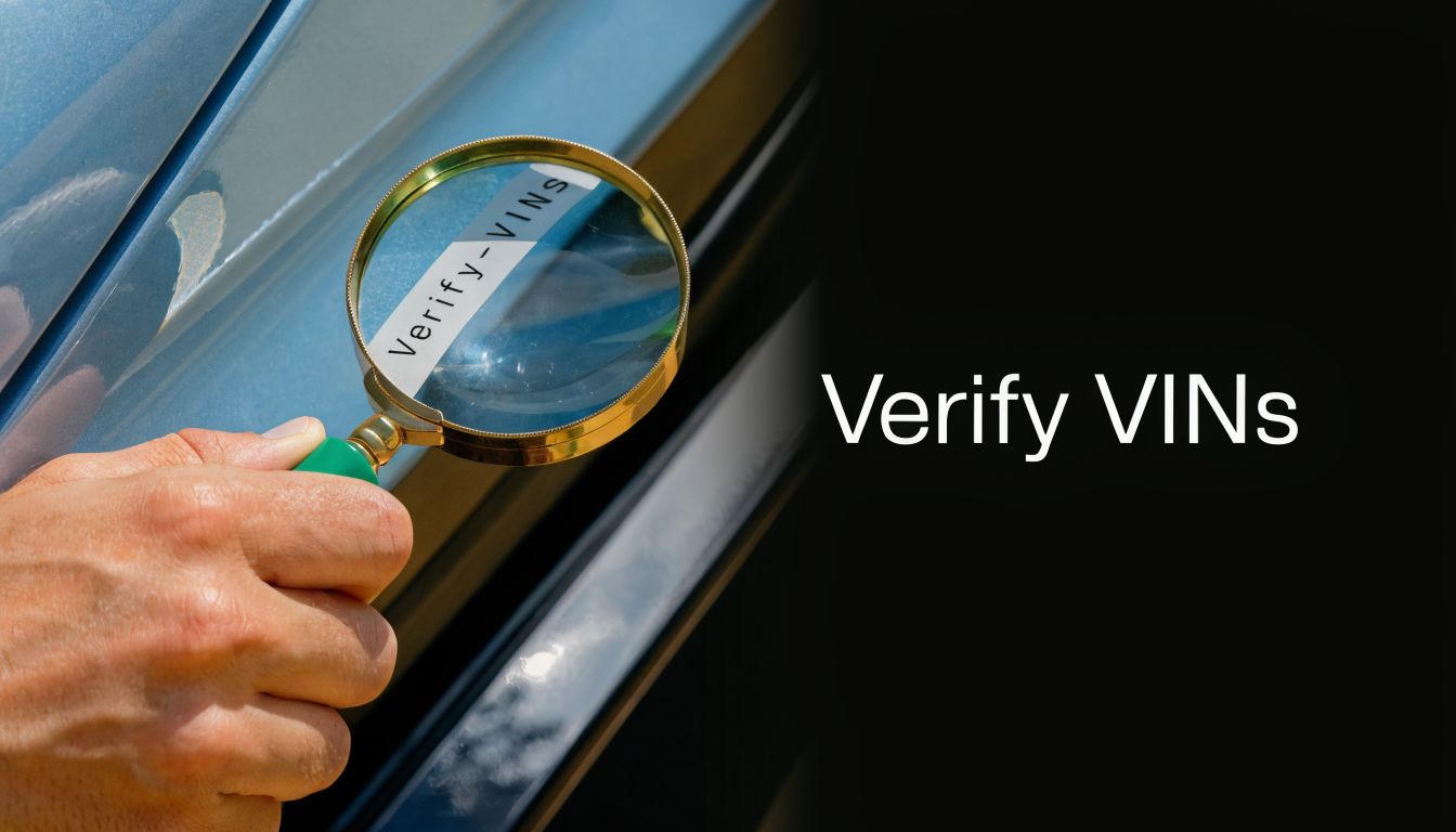 A hand holding a magnifying glass over a car to search and verify VIN numbers.