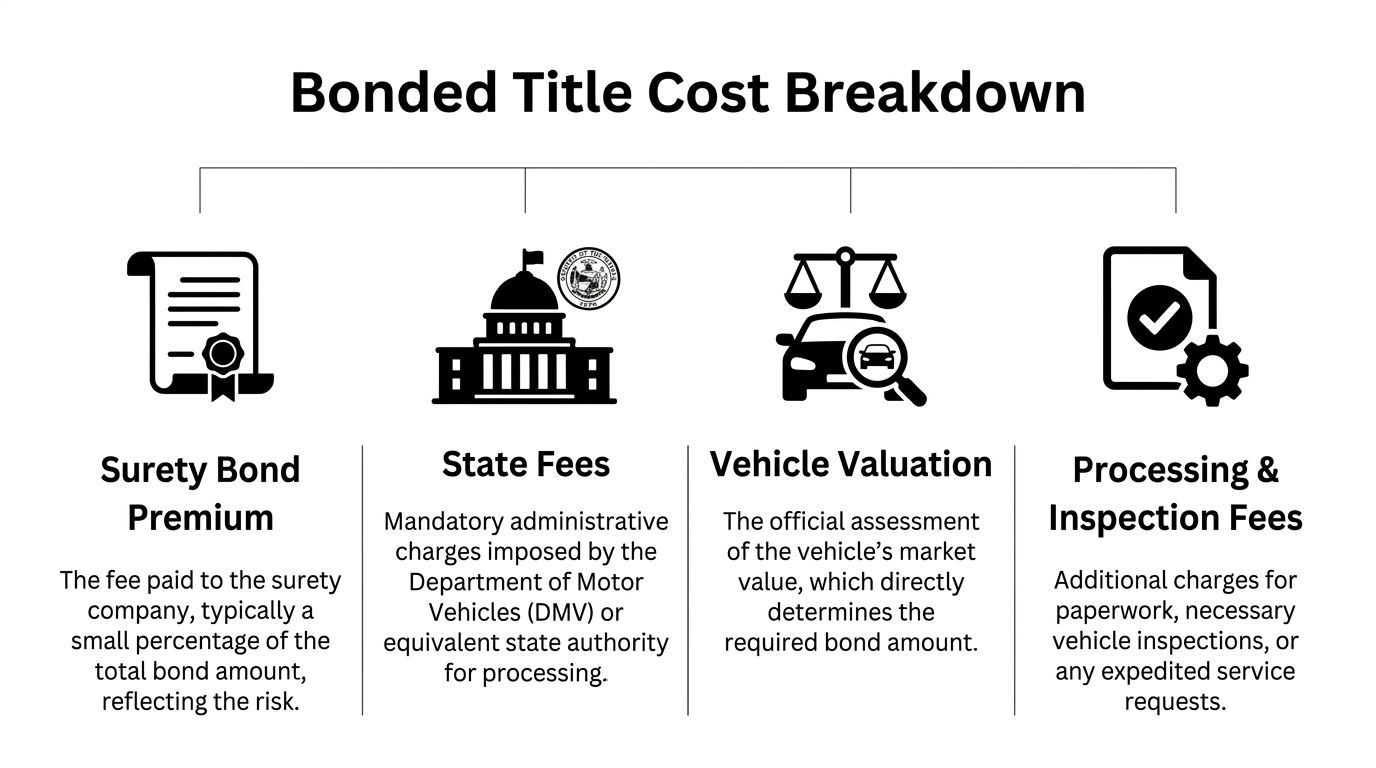 An infographic titled Bonded Title Cost Breakdown, explaining costs for surety bonds, state fees, valuations, and processing fees.
