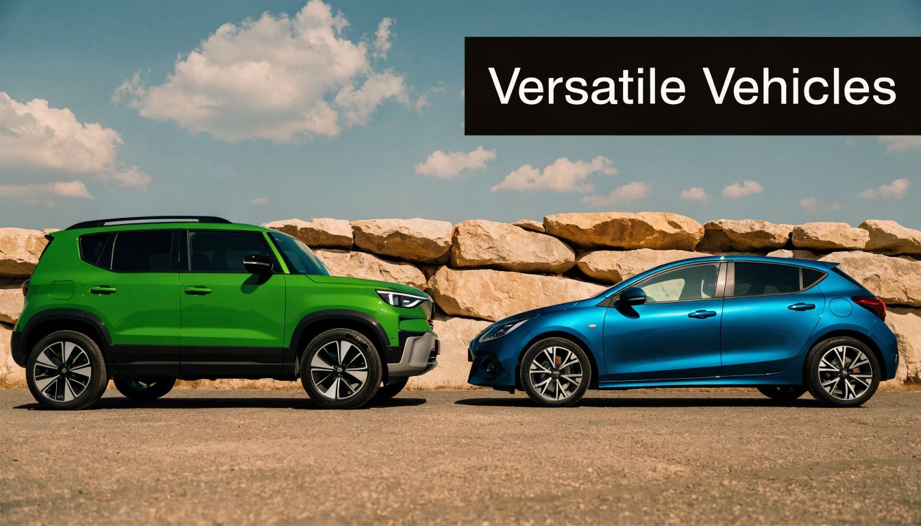 A bright green SUV and a metallic blue hatchback parked side by side in front of rocks.