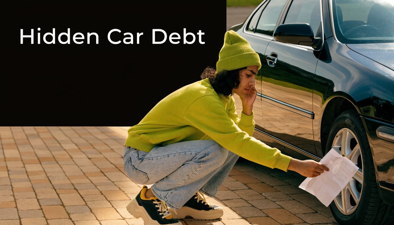 A person in a lime green outfit kneeling beside a car holding an important financial document.