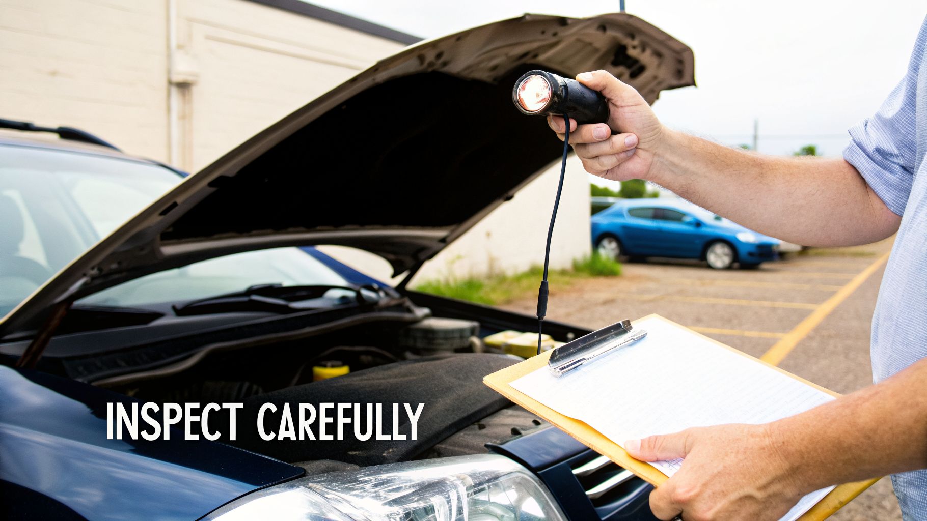 A person inspects a car engine with a flashlight and clipboard, looking for issues.