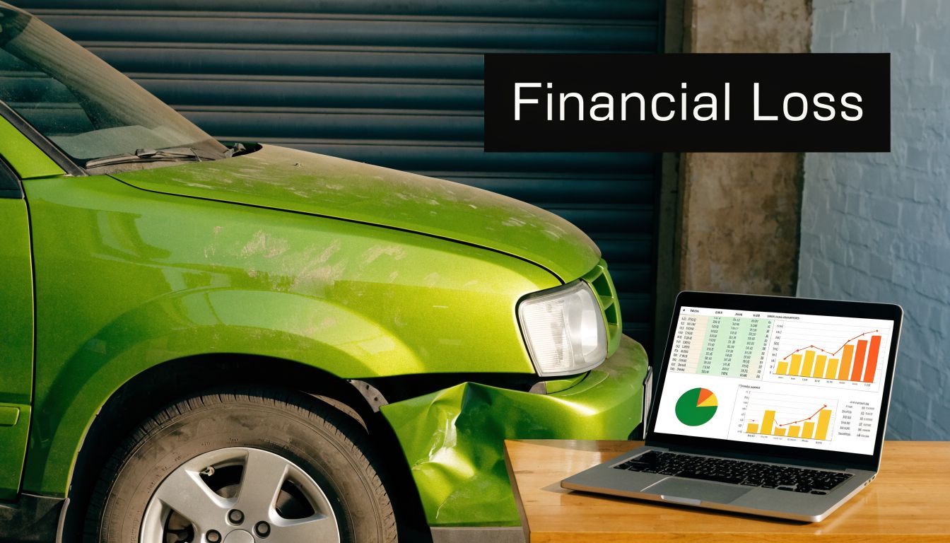 A damaged green car parked next to a laptop displaying financial loss charts and data.